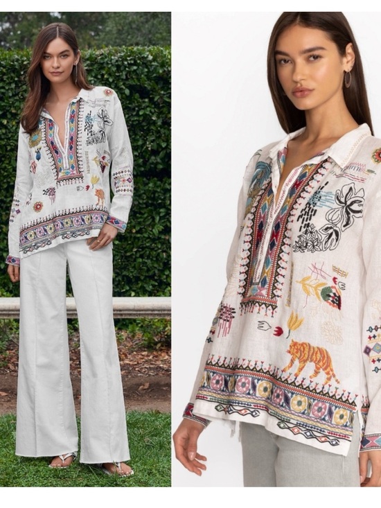 Johnny Was Tops - Johnny Was White Embroidered Tiger 100% linen Collared Tunic Shirt